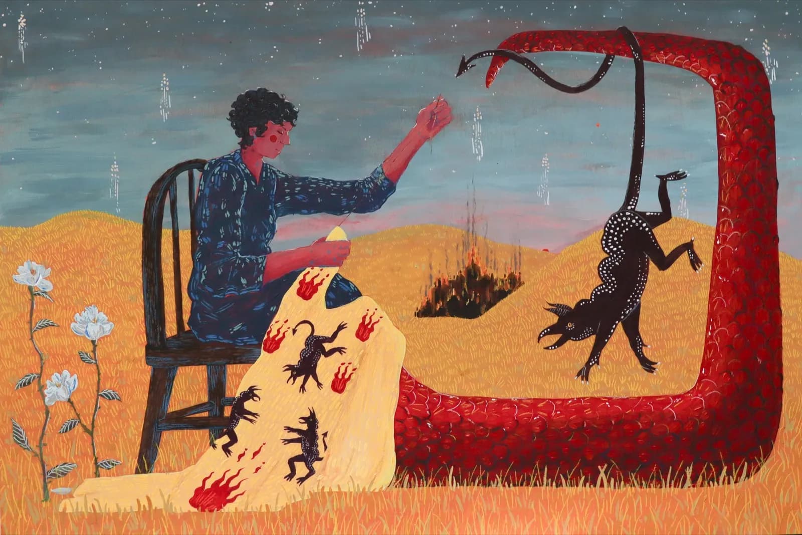 Image shows a photo of a painting, taken in a forest and propped up by two hands of a hidden person. The painting shows a tailor stitching a yellow tunic with devils on it. The tailor's legs have transformed into a red serpent's tail, and a devil hangs nearby.