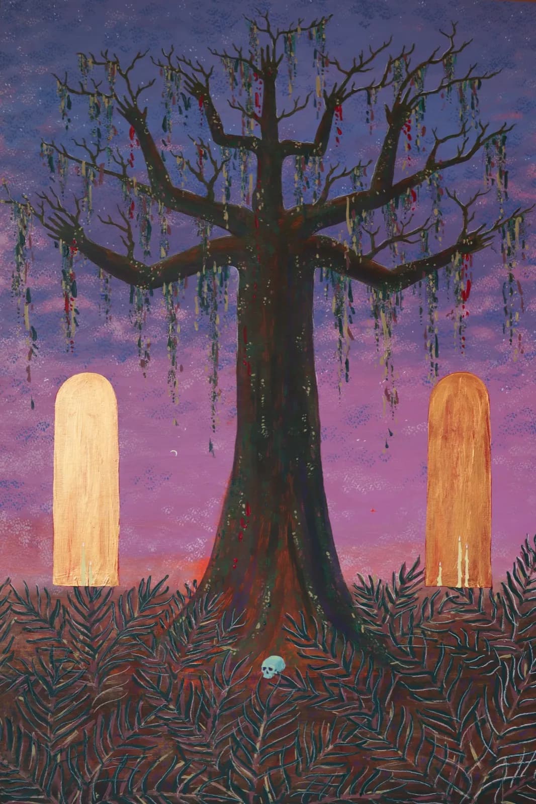 Image shows a giant ceibo tree with hands and arms for branches. At the base of the tree is a small skull. On either side of the tree is a golden portal with candlesticks on the mantles. The scene is at sunrise and shows a purple sky.