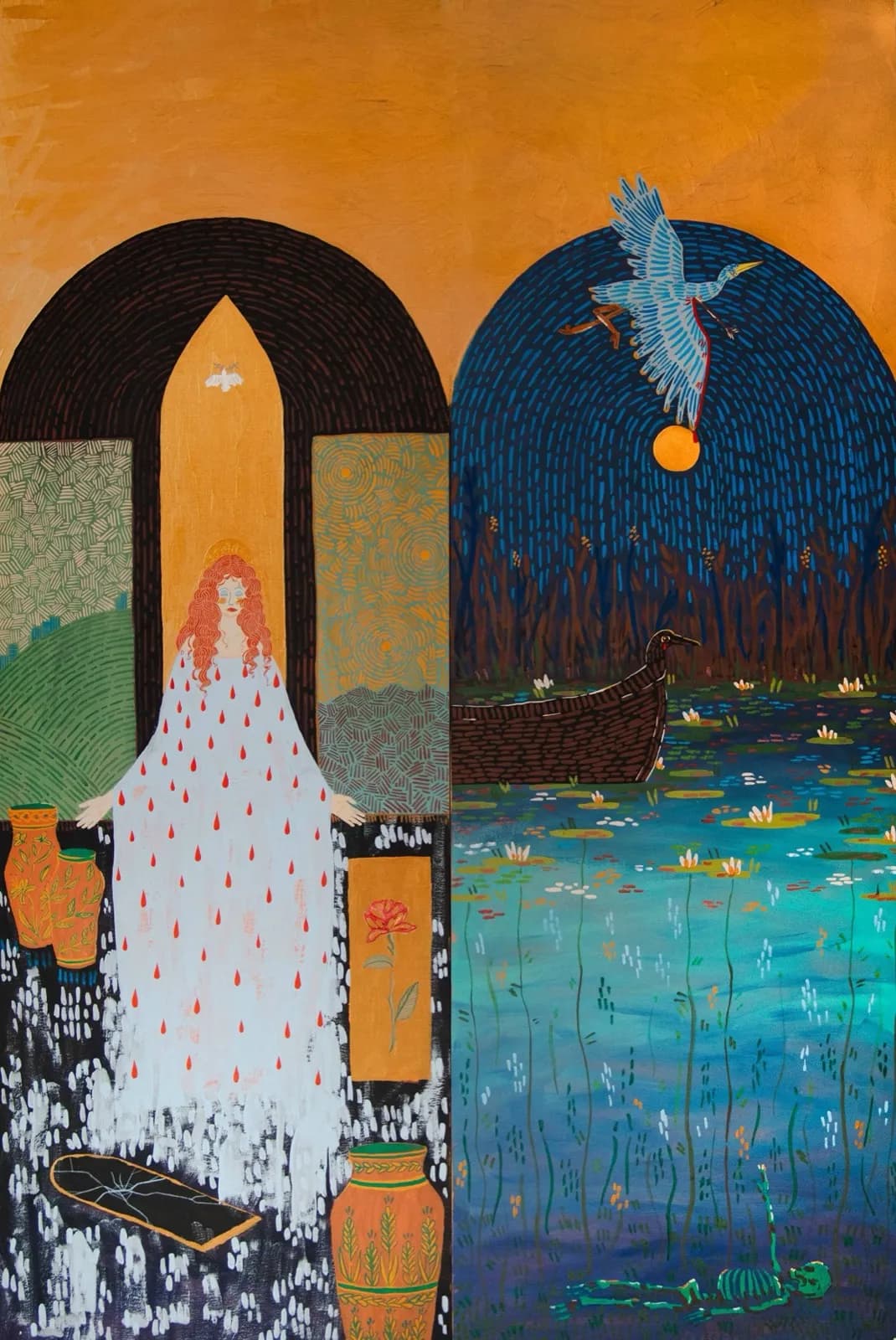 Image shows a painting of a woman on the left side, with a broken mirror at her feet and pots and a rose to her sides. A dove flies overhead. The right side of the painting shows a crane flying over a full moon, and a boat on a river at night.