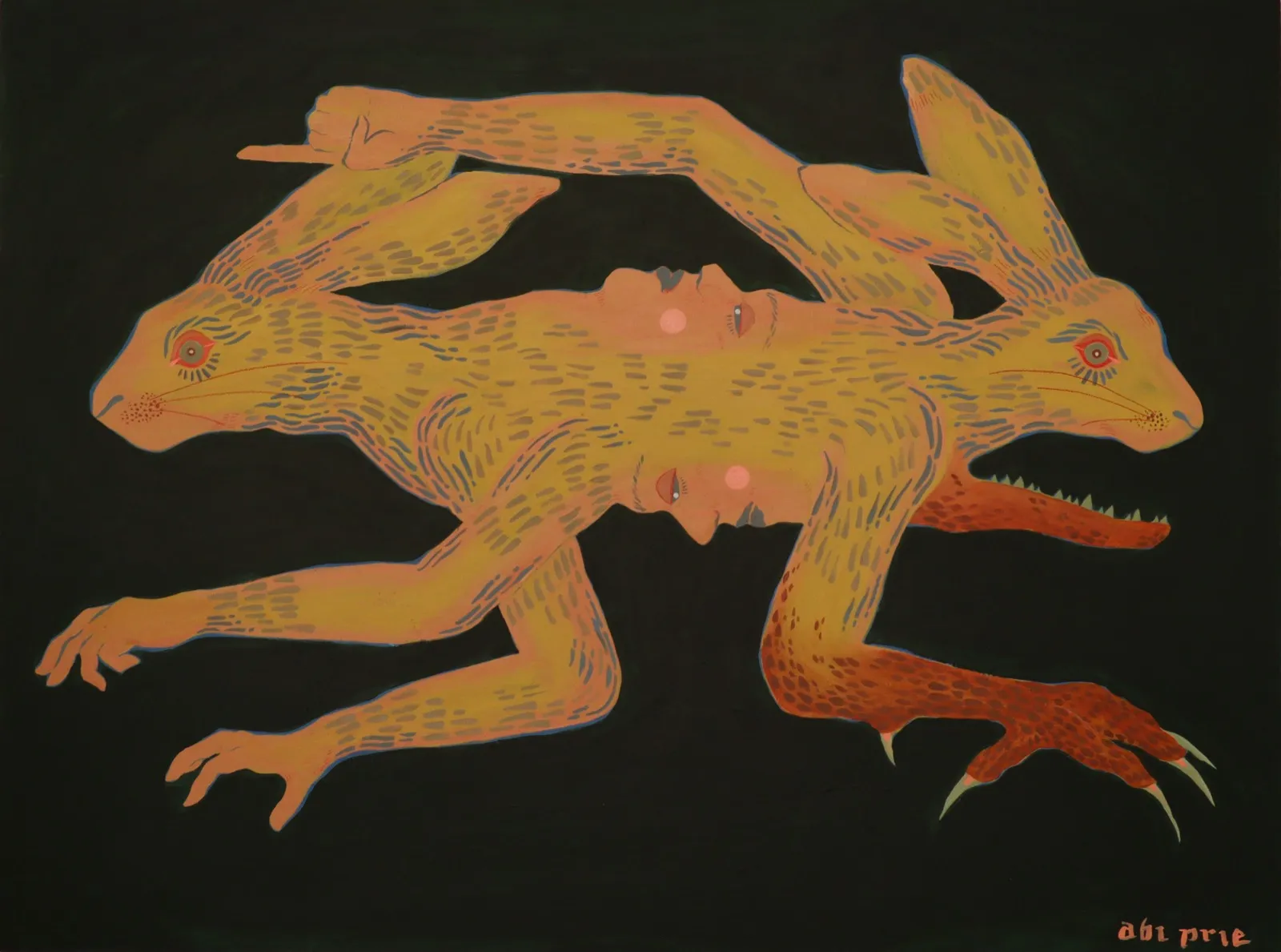 Sunwise & Widdershins — two-headed ochre hare chimera with human faces and mixed limbs on a black ground