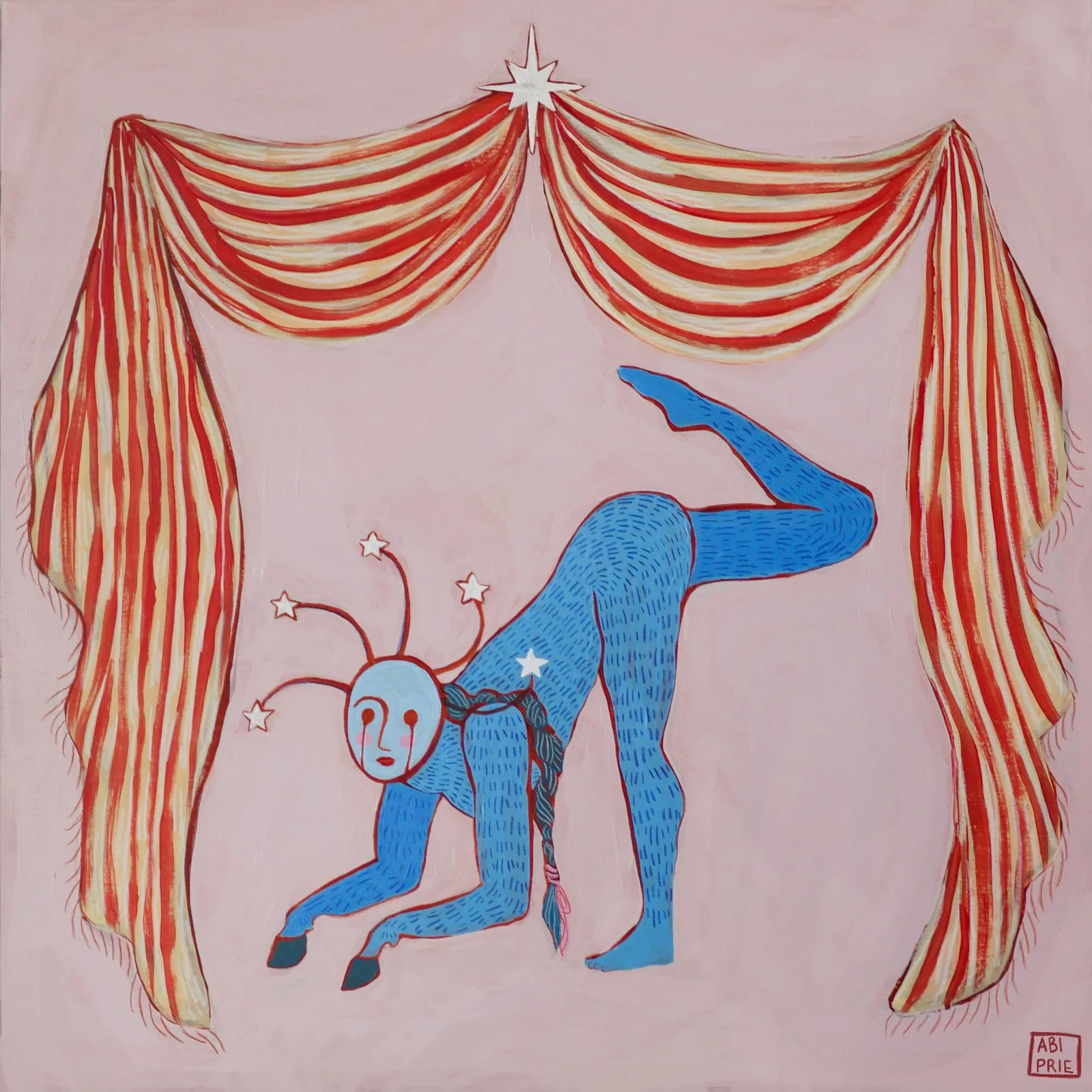 Workhorse — blue furry creature with a star-crowned mask contorting under red-and-cream striped curtains