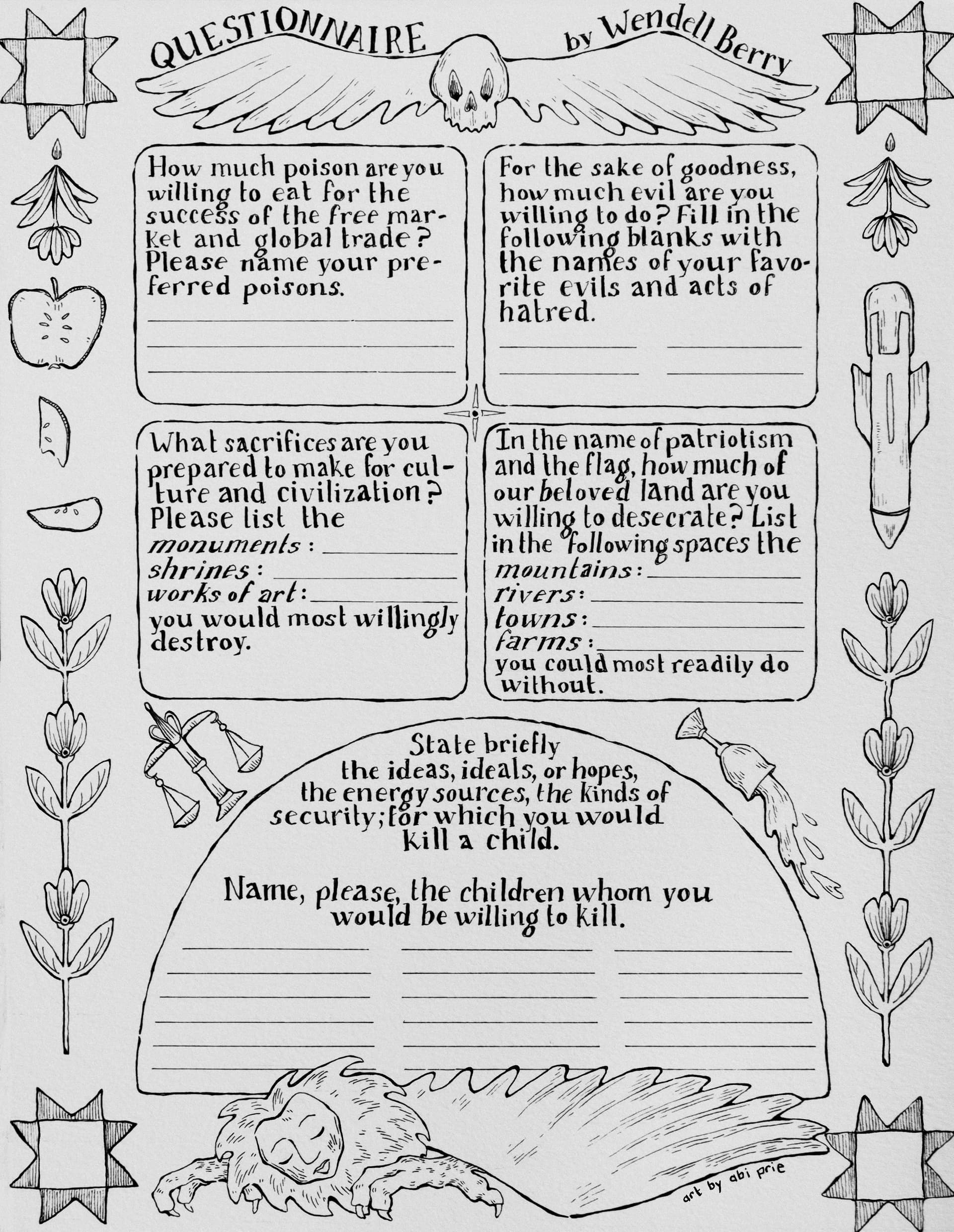 Questionnaire by Wendell Berry, illustrated by Abi Prie